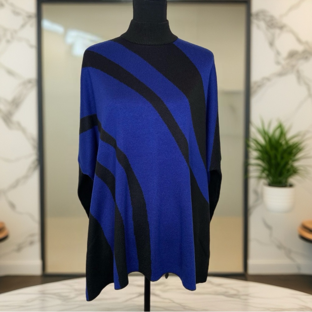 Chico's Royal Blue & Black Oversized Poncho Sweater with Side Slits Size XXS/XS